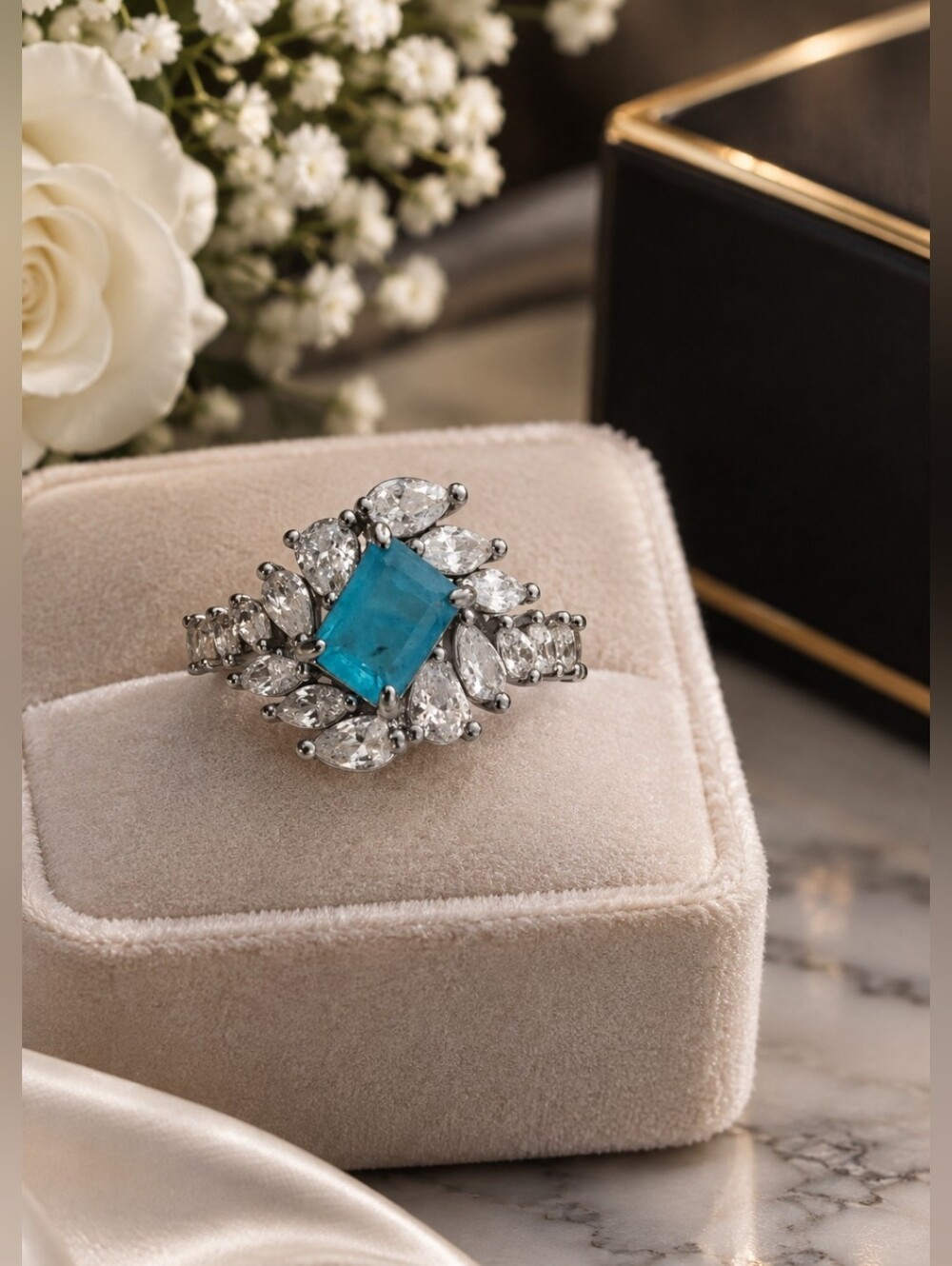 bp Blue Rectangular Gemstone Ring with Clear Accents